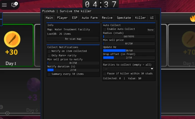 Survive the Killer Script PickHub [NO Key] – Auto Collect, Killer Spy
