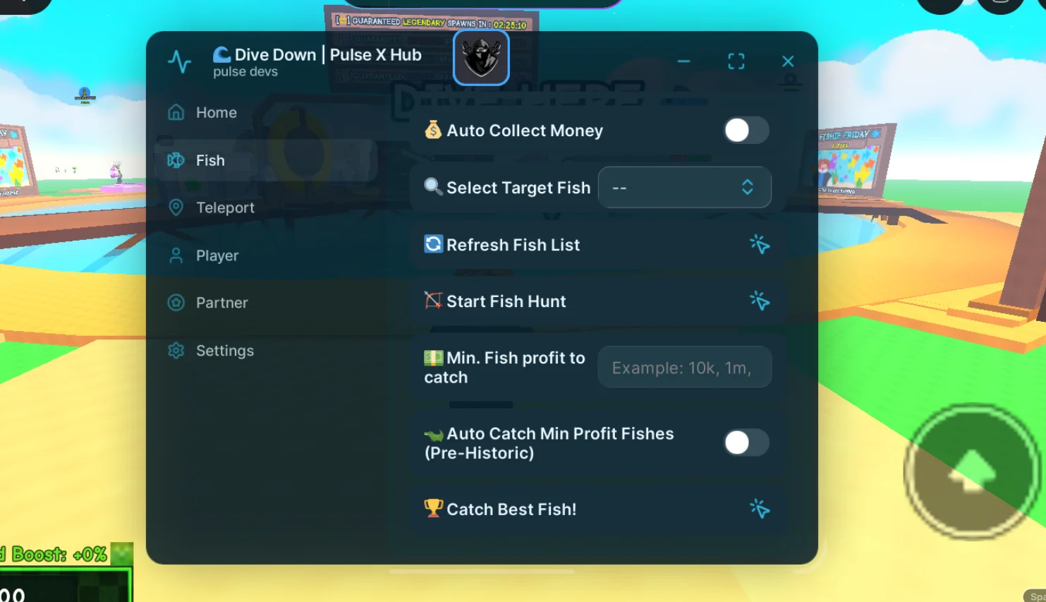 Dive Down Script Pulse X Hub [No Key] – Start Fish Hunt