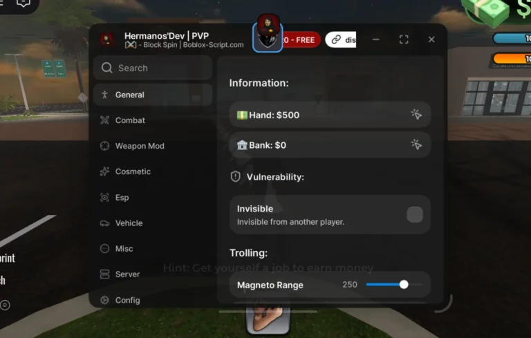 BlockSpin Script | Hermanos Hub | Silent Aim, ESP, Invisibility