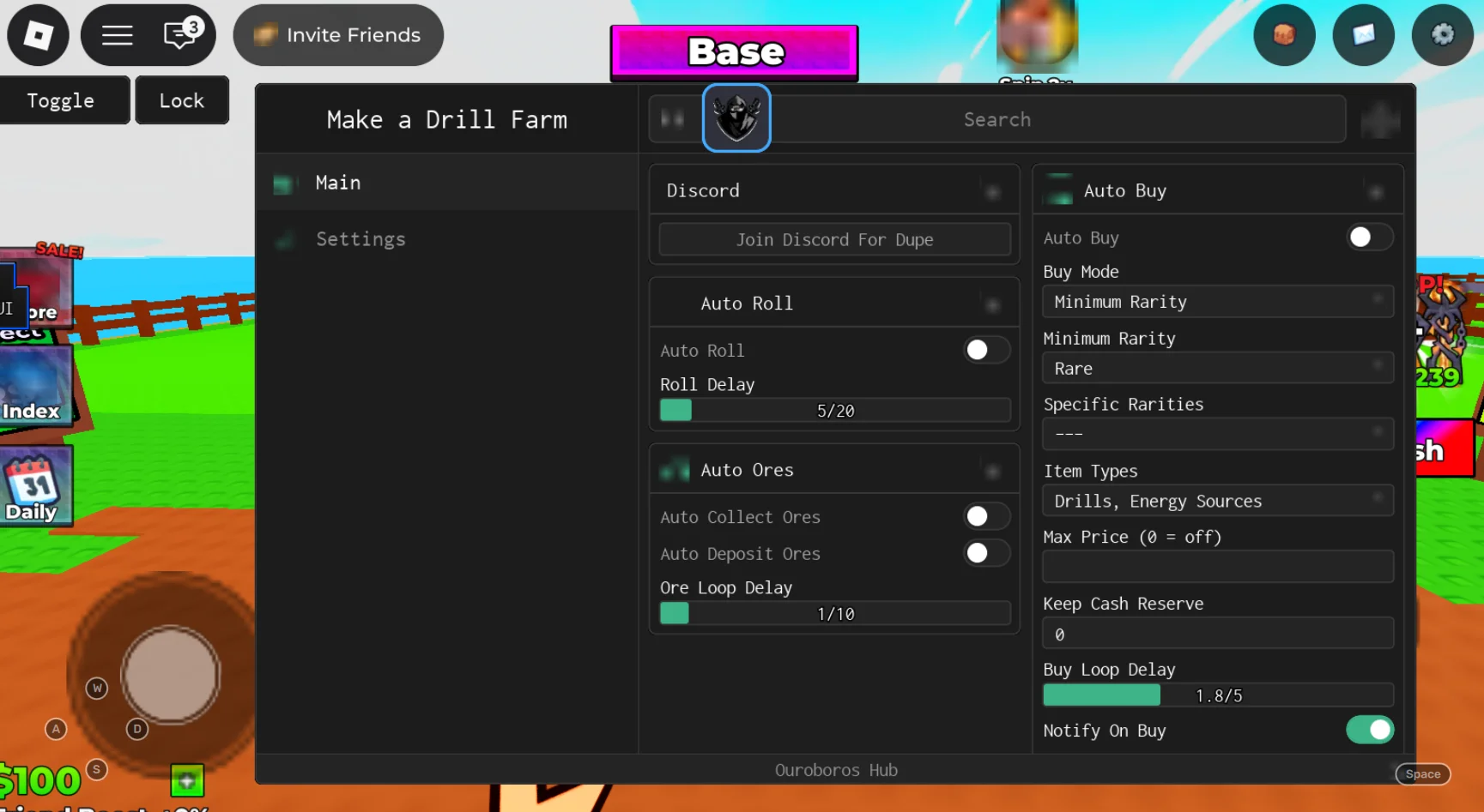 Ouroboros Hub | Make a Drill Farm Script | No Key, Auto Place Drills