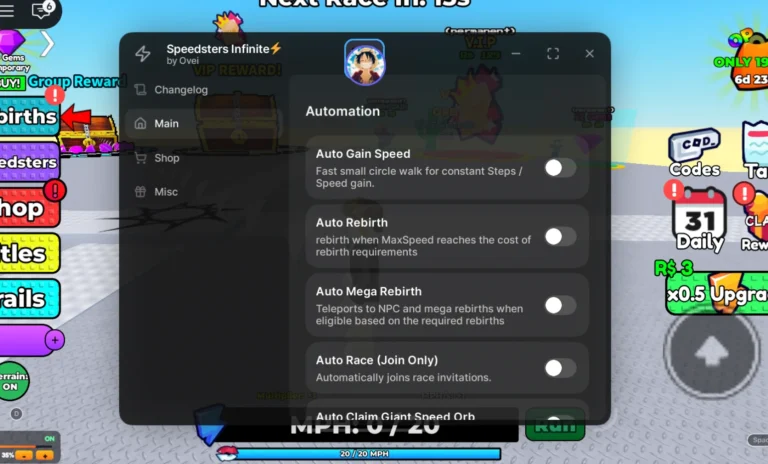 Speedsters Infinite Script | Velox Hub | Auto Equip Best Speedster