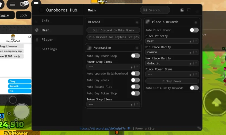 Power a City Script | Ouroboros Hub | No Key, Auto Place Power